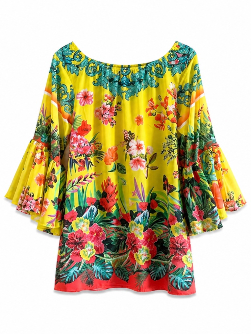 Ranees Floral Paradise Sheer Off-Shoulder Tunic Swim Cover Up – Med EUC